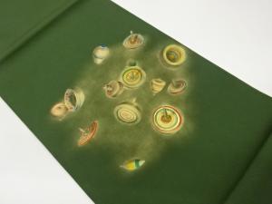 塩瀬金彩手描き独楽模様開き名古屋帯（額縁仕立て）